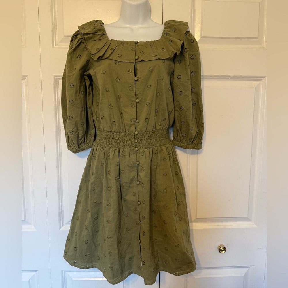 Scotch & Soda Olive Green Embroidered Floral Eyelet Dress Ruffle Puff Sleeve 14